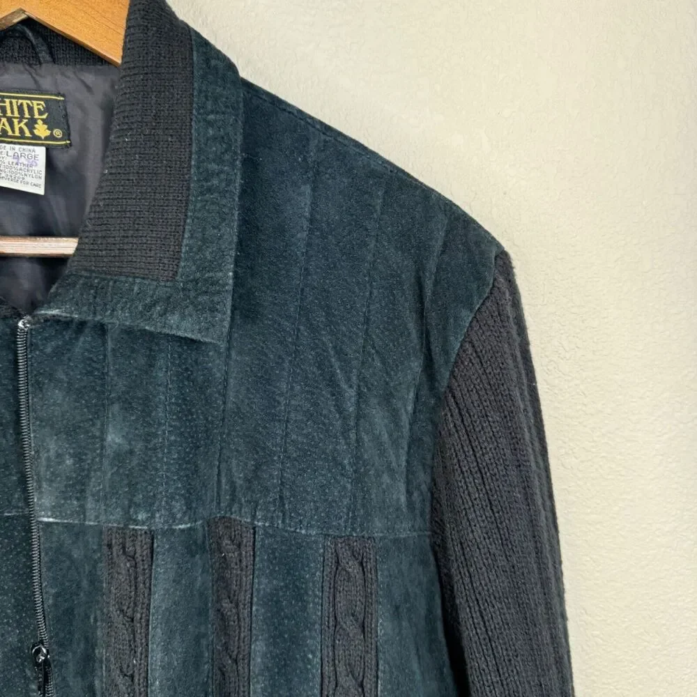 White Oak Mens Large Black Leather Knit Bomber Jacket 80s 90s‎ Grandpa Sweater